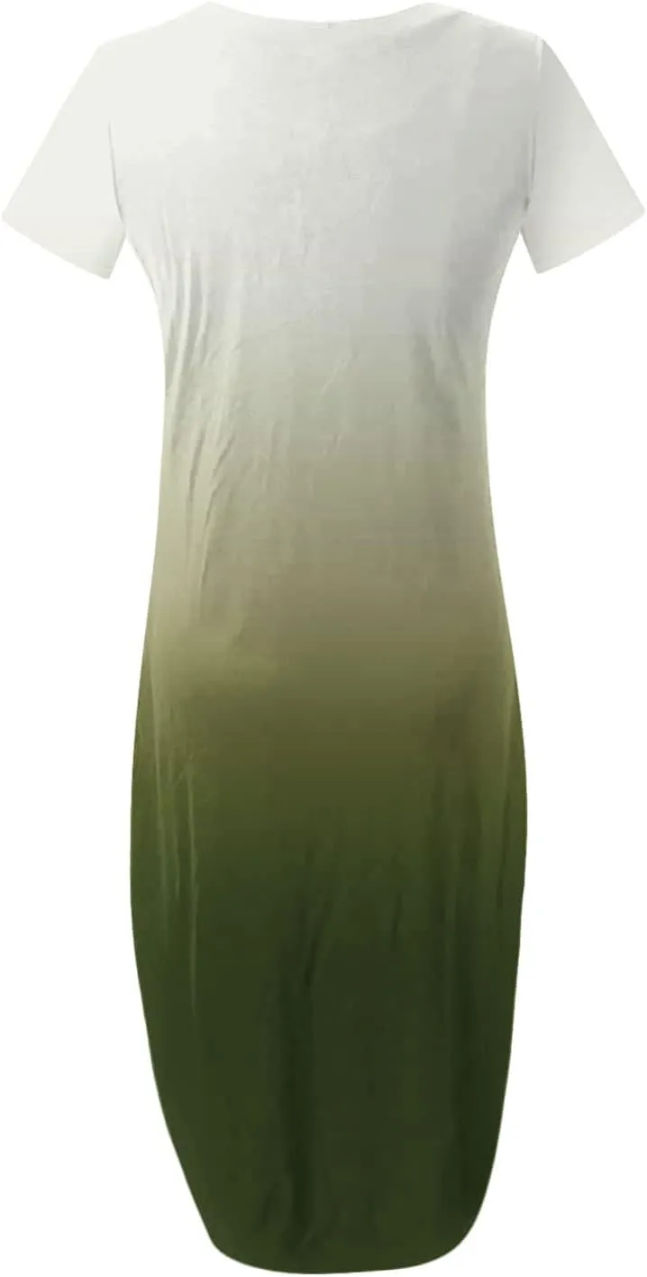 Womens Summer Maxi Dresses Short Sleeve Split Long Dress Gradient Tshirt Dresses Casual Beach Sundress with Pockets